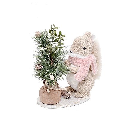 Esquilo Bege e Rosa com Pinheiro 24cm - 01 unidade - Eucalipto - Cromus Natal - Rizzo