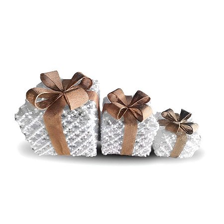 Caixas de Presentes de Natal - Branco/Marrom - 25cm - 3 unidades - Rizzo
