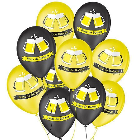 Balão de Festa Decorado Boteco - Amarelo e Preto 9" 23cm - 25 Unidades