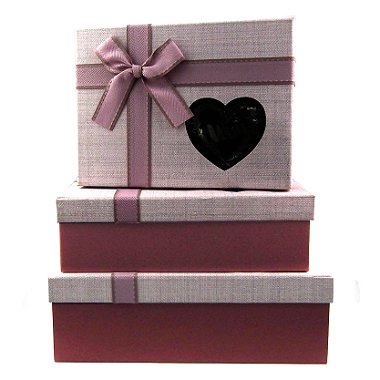 Conjunto Caixa de Papel para Presente Laço Rosa com Visor Coração - Kit 3 Unidades - Rizzo Confeitaria