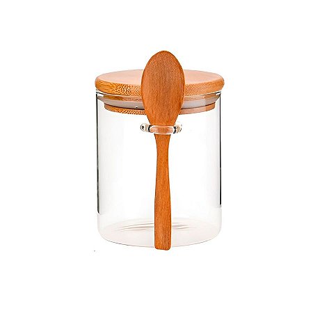Pote de Vidro com Tampa de Bambu com Colher 11x8cm - 480ml - 1 unidade - Rizzo