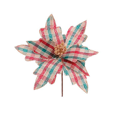Poinsétia Decorativa Xadrez de Natal - Vermelho, Verde, Branco - 30cm  - 1 unidade - Cromus  - Rizzo