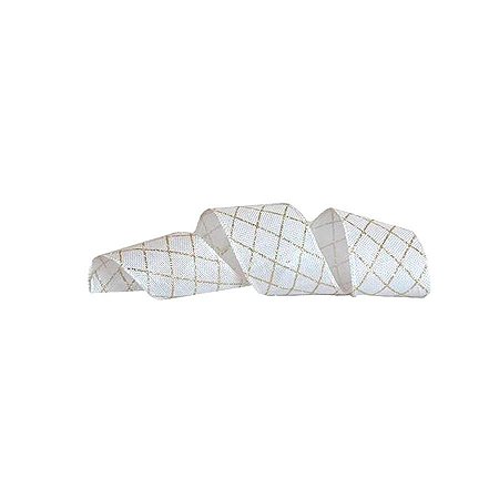 Fita Decorativa de Natal Aramada - Branco e Dourado - 6,5cmx9,14m - 1 unidade - Rizzo