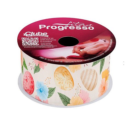 Gorgurão ECF009TR 38mm - Cor 320 - Ovos de Páscoa e Flores Aquarelados - Rolo 10m - 1 unidade - Fitas Progresso - Rizzo