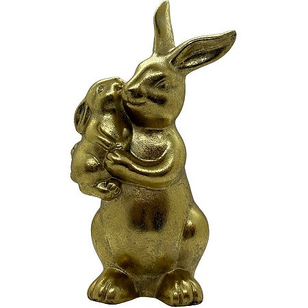 Coelho com Filhote no Colo Decorativo Dourado - 1 unidade - Cromus - Rizzo