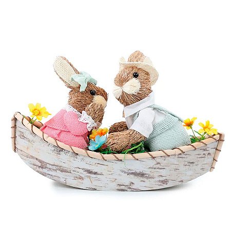 Casal Coelho em Banco Decorativo - 42cm - 1 unidade - Cromus - Rizzo