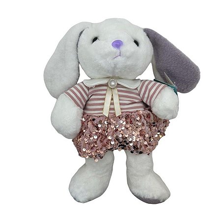Coelha de Pelúcia Branco e Roxo com Saia Rosa- 33cm - 1 unidade - Rizzo