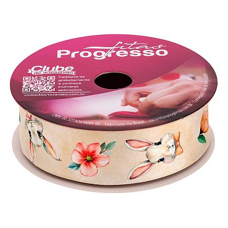 Fita de Cetim ECF005TR 22mm - Cor 173 -  Coelhos e Flores Aquarelados -  Rolo 10m - 1 unidade - Fitas Progresso - Rizzo