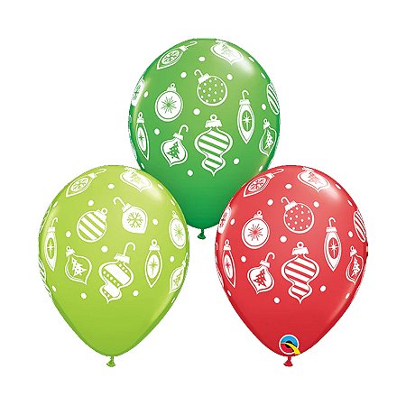 Balão de Festa Látex Liso Decorado - Enfeites de Natal Sortido - 11" 28cm - 50 unidades - Qualatex Outlet - Rizzo