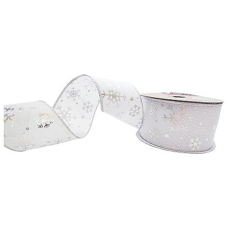 Fita Decorativa de Natal - Branca com Flocos de Neve Prata - 6,3x914cm - 1 unidade - Rizzo