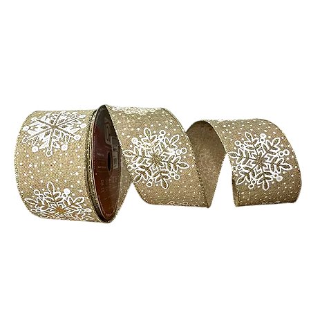 Fita Decorativa - de Natal Cru com Floco de Neve Branco - 6x914cm - 1 unidade - Rizzo