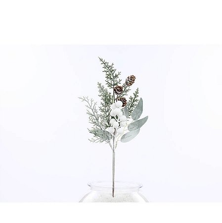 Galho Decorativo - Nevado com Frutinhas Brancas e Mini Pinhas - 40cm - 1 unidade - Cromus - Rizzo