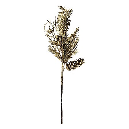 Galho Decorativo - Folhas, Frutinhas e Pinha Dourada - 40cm - 1 unidade - Rizzo