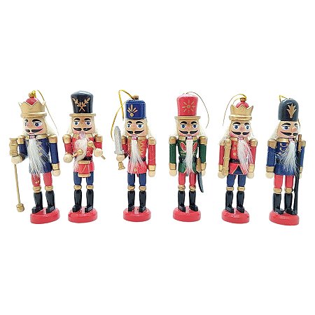 Kit Boneco Soldado Quebra Nozes de Madeira - 12cm - Verde, vermelho e azul - 6 unidades - Rizzo - Rizzo