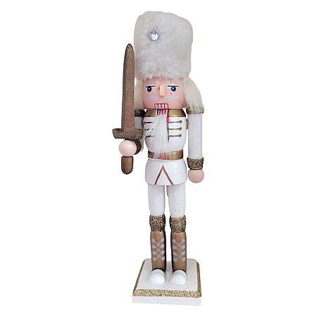 Boneco Soldado Quebra Nozes de Madeira Com Espada - 18,5cm - Branco e Dourado - 1 unidade - Rizzo - Rizzo