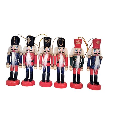 Kit Boneco Soldado Quebra Nozes de Madeira - 10cm - Chapéu Preto e Vermelho - 6 unidades - Rizzo - Rizzo