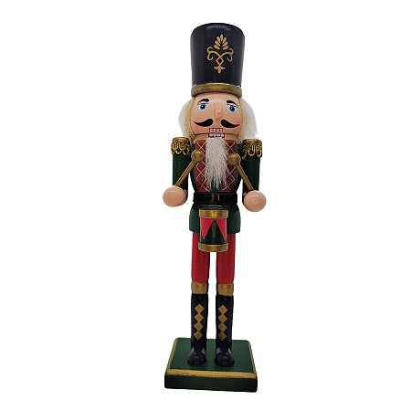 Boneco Soldado Quebra Nozes de Madeira com Tambor - 30cm - Verde e Vermelho - 1 unidade - Rizzo