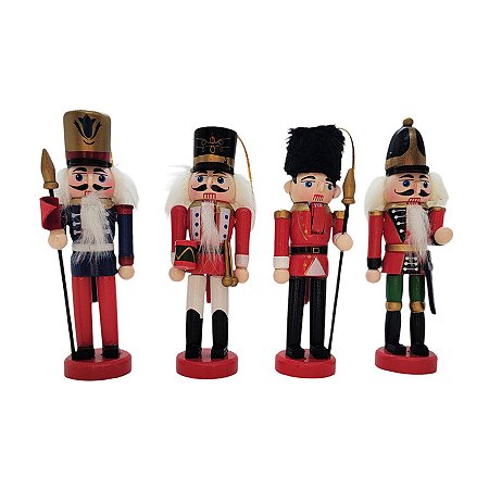 Conjunto Boneco Soldado Quebra Nozes de Madeira - 12cm - Azul e Vermelho - 4 unidades - Rizzo
