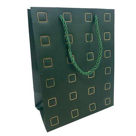 Sacola de Papel para Presente Quadrados Almofadados - Verde - 32x26x12cm - 1 unidade - Rizzo