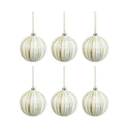 Bola de Natal Paete com Listras - Branco/Ouro Glitter - 8cm  - 6 unidades - Cromus - Rizzo