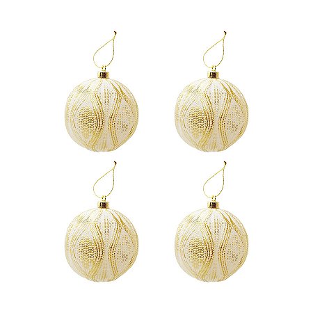 Bola de Natal Losângulo - Branco/Ouro - 10cm - 4 unidades - Cromus - Rizzo