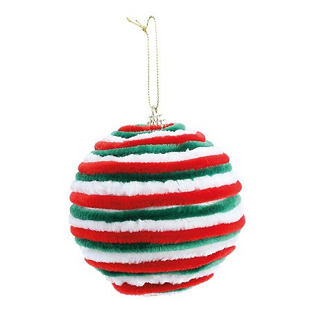 Bola de Natal - Chenile Listrada Verde, Branca e Vermelha - 8cm - 6 unidades - Cromus - Rizzo