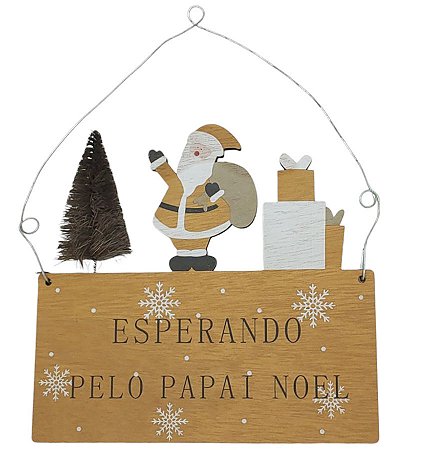 Enfeite de Pendurar de Natal - Placa Esperando Pelo Papai Noel - 17x16cm - 1 unidade - Rizzo
