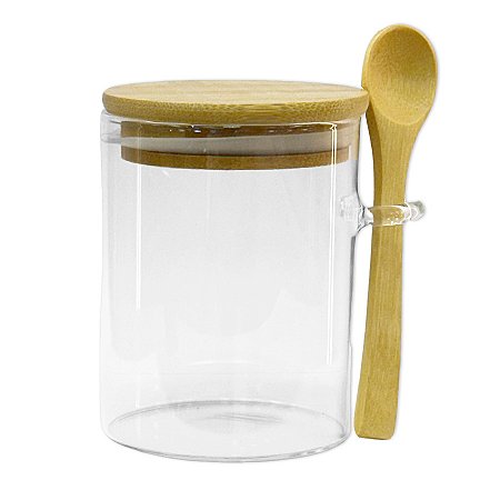 Pote de Vidro Hermético com Tampa e Colher de Bambu - 8x10cm -380ml - 1 unidade - Rizzo