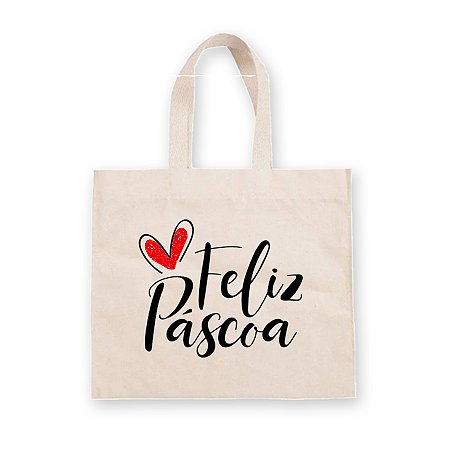 Sacola de Algodão Cru com Estampa de Páscoa - Feliz Páscoa Coração - 30x34 cm - 1 unidade - Rizzo