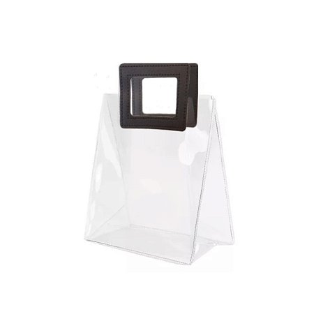 Sacola Transparente PVC com Alça Quadrada de Couro Preta - 15x15x10 - 1 unidade - Rizzo