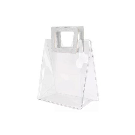 Sacola Transparente PVC com Alça Quadrada de Couro Branca - 15x15x10 - 1 unidade - Rizzo