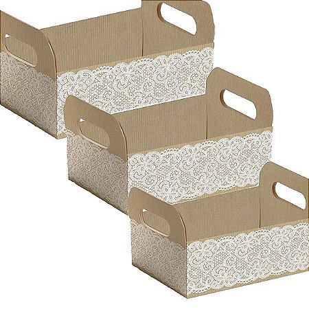 Caixote de Papel Cartão Kraft com Renda - 01 unidade - Cromus Páscoa - Rizzo Embalagens