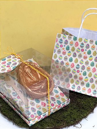 Kit Caixa Inclinada com Sacola - Ovos Coloridos - Ovos 350g ou 500g Decora Doces Rizzo Confeitaria