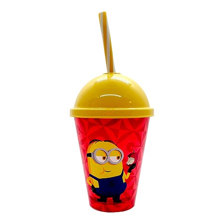 Copo com Tampa e Canudo - Minions Sorrindo e Comendo Maçã - 280ml - 1 unidade - Plasútil - Rizzo