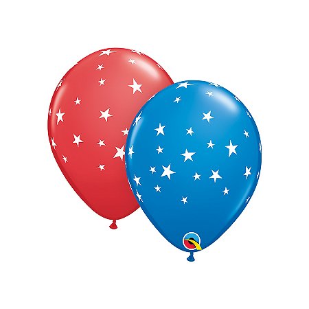 Balão de Festa Látex Liso Decorado - Estrelas Azul e Vermelho - 11" 28cm - 50 unidades - Qualatex Outlet - Rizzo