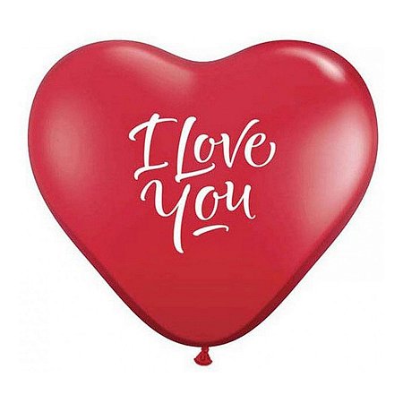 Balão de Festa Látex Liso Decorado - Coração I Love You Vermelho - 3' 90cm - 2 unidades - Qualatex Outlet - Rizzo