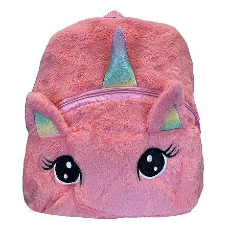 Mochila de Pelúcia Unicórnio Olhos Grandes - Rosa - 30x35cm - 1 unidade - Rizzo