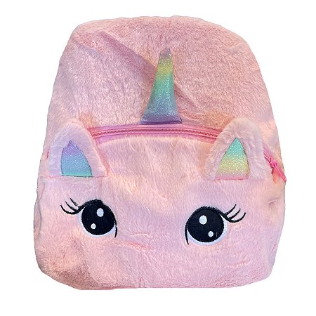 Mochila de Pelúcia Unicórnio Olhos Grandes - Rosa Claro - 30x35cm - 1 unidade - Rizzo