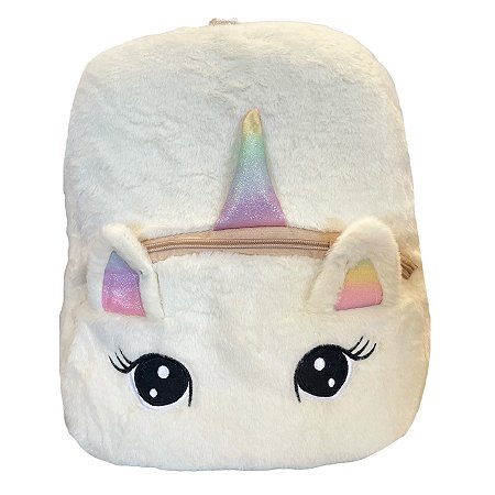 Mochila de Pelúcia Unicórnio Olhos Grandes - Creme - 30x35cm - 1 unidade - Rizzo