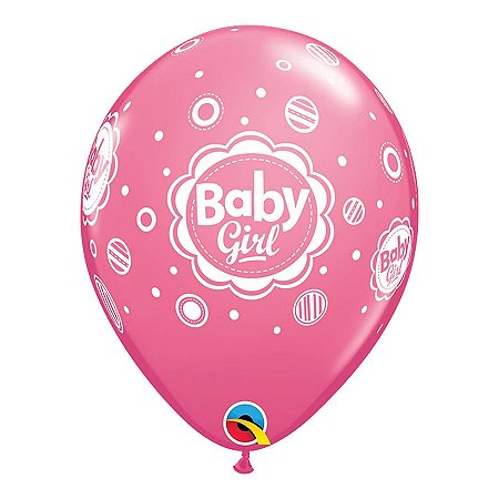 Balão de Festa Látex Liso Decorado - Baby Girl! Bolinhas Rosa - 11" 27cm - 6 unidades - Qualatex Outlet - Rizzo