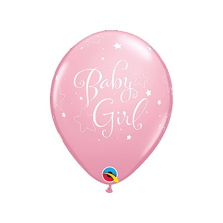 Balão de Festa Látex Liso Decorado - Baby Girl! (Menina) Estrelas Rosa - 11" 28cm - 6 unidades - Qualatex Outlet - Rizzo