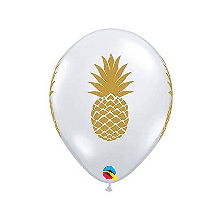 Balão de Festa Látex Liso Decorado - Abacaxi Transparente e Dourado - 11" 28cm - 50 unidades - Qualatex Outlet - Rizzo