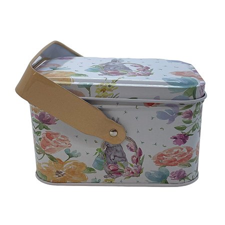 Lata de Metal Retangular com Alça de Páscoa - Coelho com Flores  - 10,5x7,8x6,4cm - 1 unidade - Rizzo