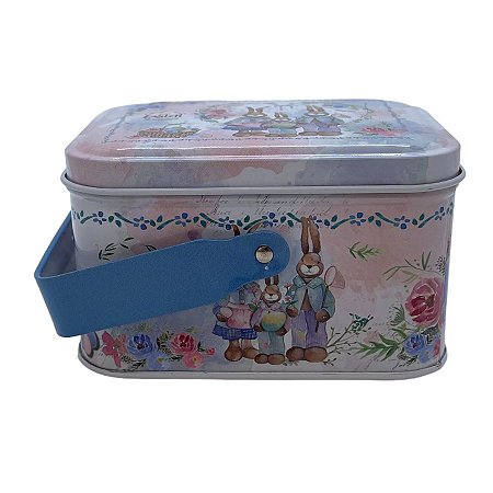 Lata de Metal Retangular com Alça de Páscoa - Família Coelhos - 10,5x7,8x6,4cm - 1 unidade - Rizzo