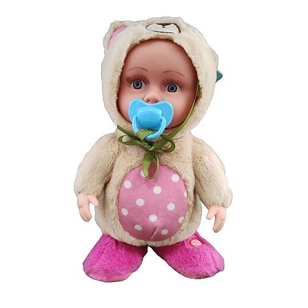 Boneca Baby Pelúcia Bege e Rosa Com Som e Movimento - 28cm - 1 unidade - Rizzo