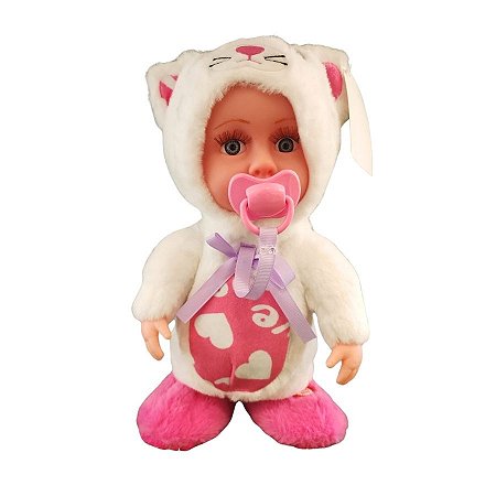 Boneca Baby Pelúcia Branco e Rosa Com Som e Movimento - 28cm - 1 unidade - Rizzo