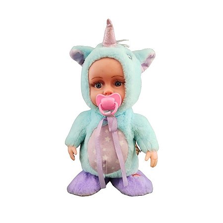 Boneca Baby Pelúcia Azul e Roxo Com Som e Movimento - 28cm - 1 unidade - Rizzo