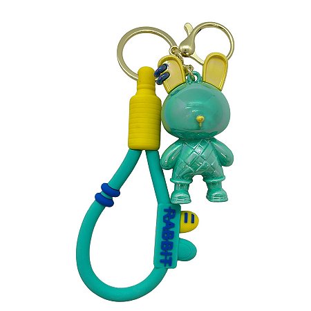 Chaveiro Coelho Metalizado - Verde Água e Amarelo  - 6cm - 1 unidade - Rizzo