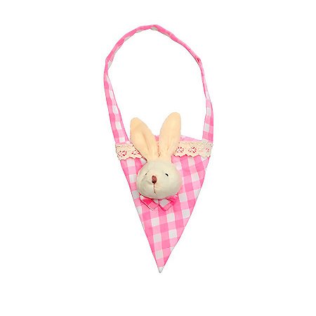 Bolsinha Cone Coelho de Páscoa Xadrez Rosa - 22cm x 12cm x 5cm - 1 unidade - Cromus - Rizzo