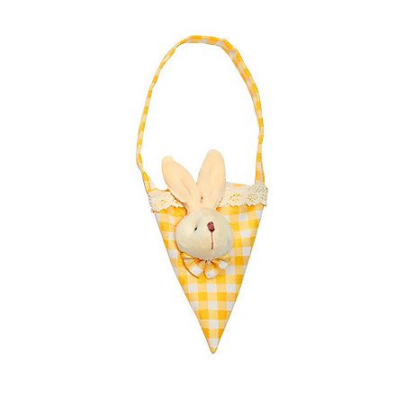 Bolsinha Cone Coelho de Páscoa Xadrez Amarelo - 22cm x 12cm x 5cm - 1 unidade - Cromus - Rizzo